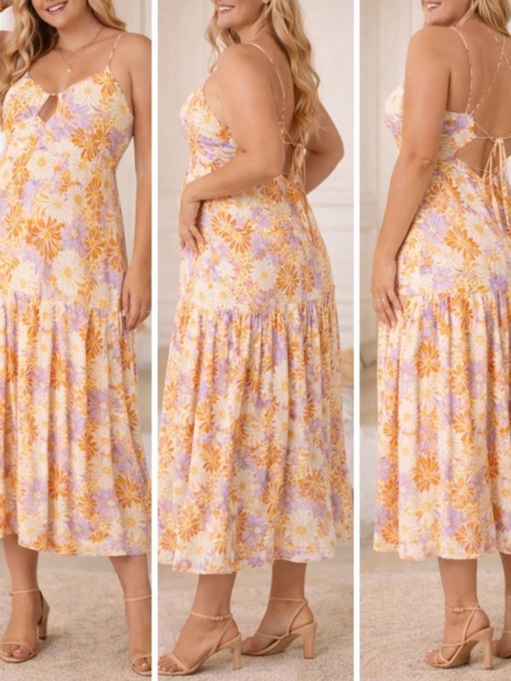 L*Space Gemma Floral Multicolor Gold Purple Flowy Resort Vacation Midi Dress